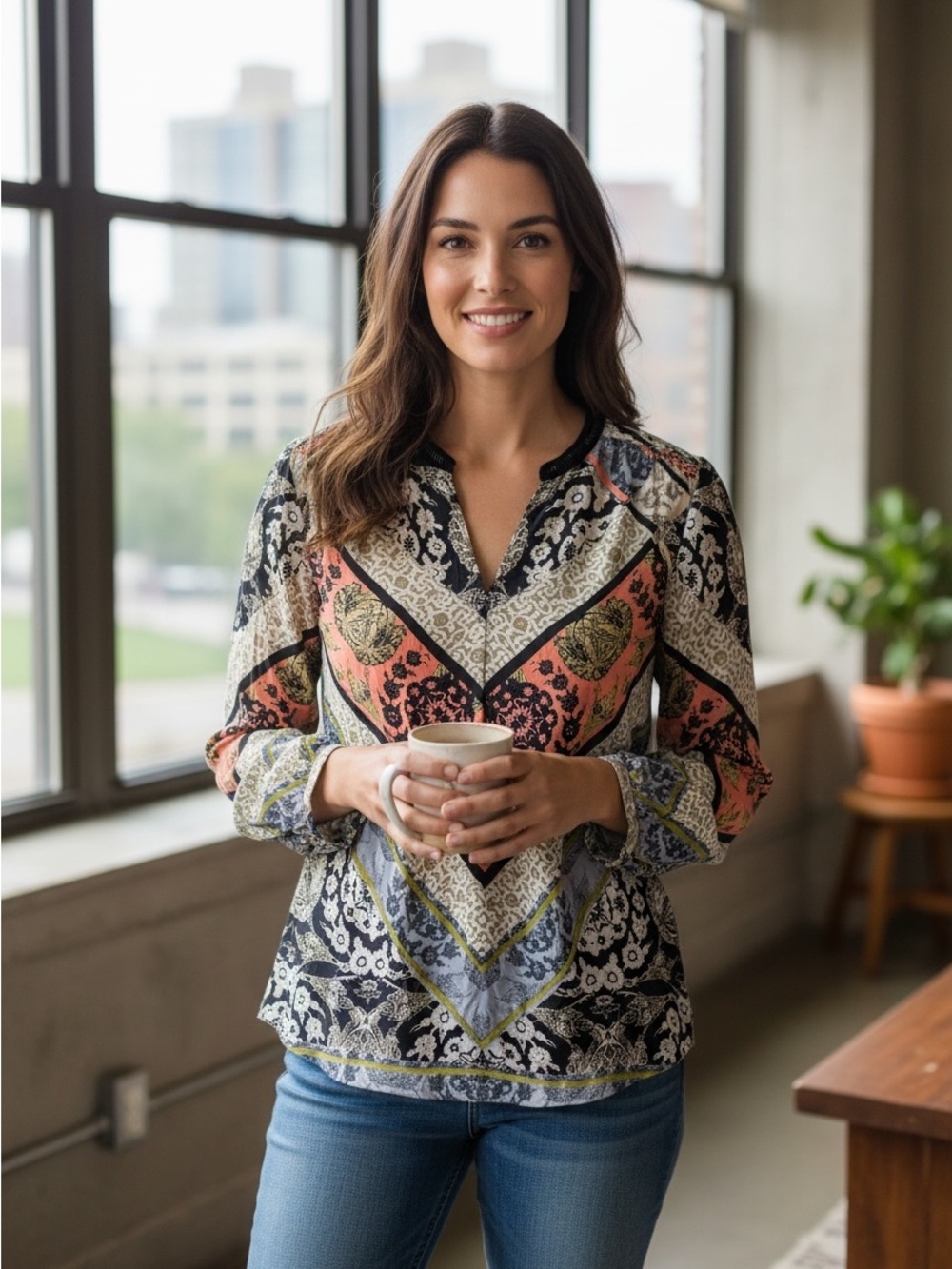 Hale Bob Silk Tunic Long Sleeve Blouse